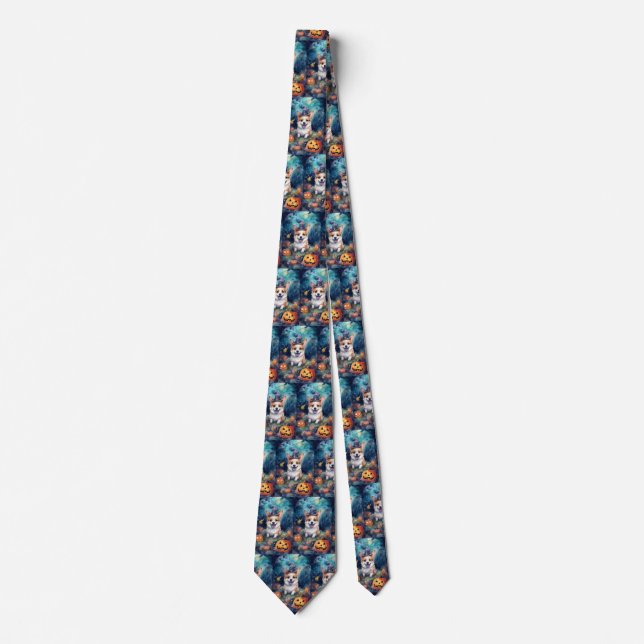 Halloween Corgi With Pumpkins Scary Neck Tie (Front)