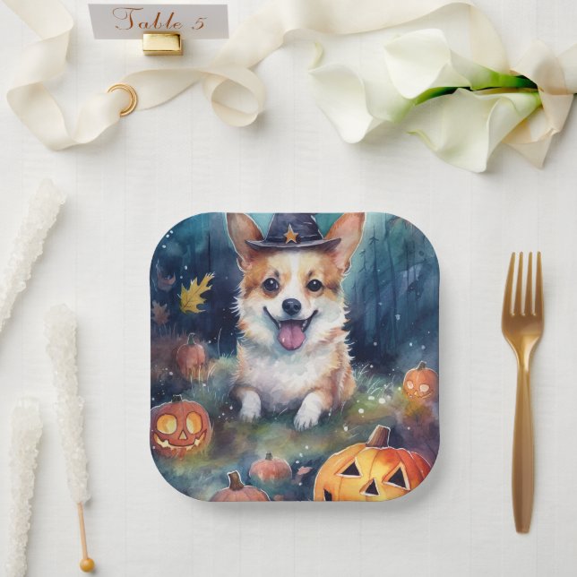 Halloween Corgi With Pumpkins Scary Paper Plates (Wedding)