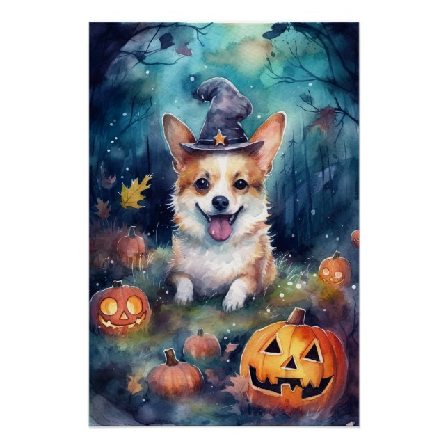 Halloween Corgi With Pumpkins Scary Poster (Front)