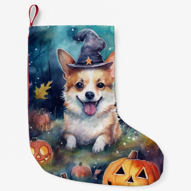 Halloween Corgi With Pumpkins Scary Small Christmas Stocking (Front)