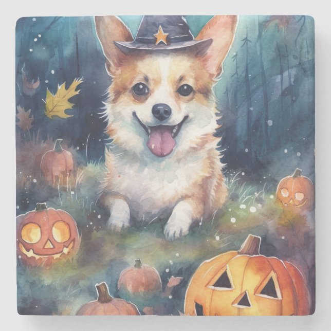 Halloween Corgi With Pumpkins Scary Stone Coaster (Front)