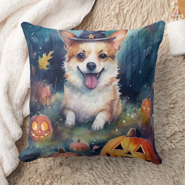 Halloween Corgi With Pumpkins Scary Throw Pillow (Blanket)