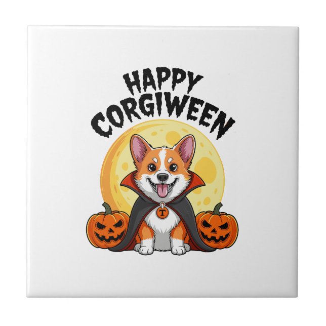 Halloween Corgiween, Spooky Corgi Dog Ceramic Tile (Front)