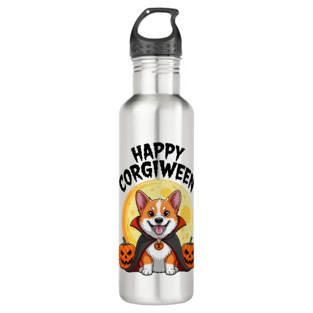 Halloween Corgiween, Spooky Corgi Dog Stainless Steel Water Bottle (Front)