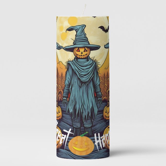 Halloween Corn Field & Scare Crow Pillar Candle (Front)