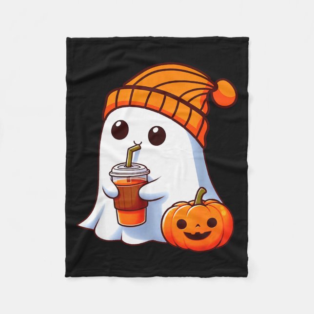 Halloween Costume Ghost Drinking Pumpkin Men Women Fleece Blanket (Front)