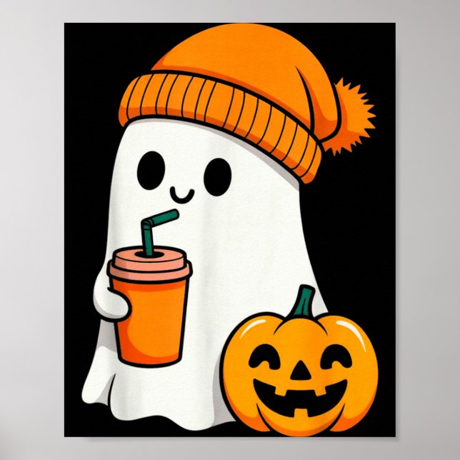 Halloween Costume Ghost Drinking Pumpkin Men Women Poster (Front)