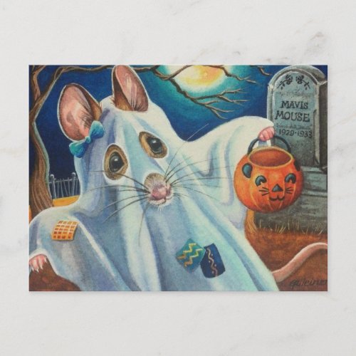 Halloween Costume Ghost Mouse Watercolor Art Postcard