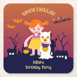 Halloween Costume Girl Birthday Party Square Paper Coaster