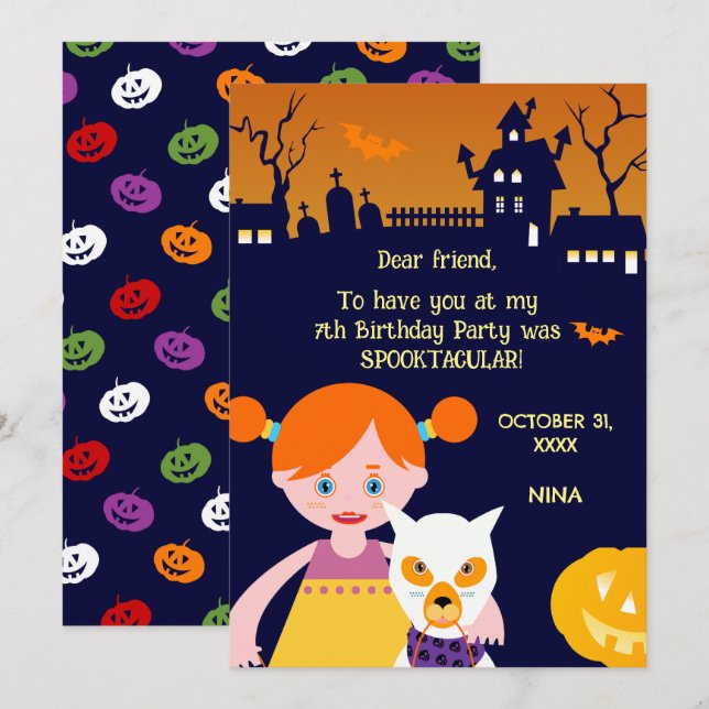 Halloween Costume Girl Birthday Party  Thank You Card (Front/Back)