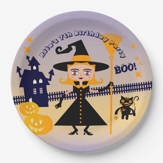 Halloween Costume Girl Witch Birthday Party Paper Plates (Front)