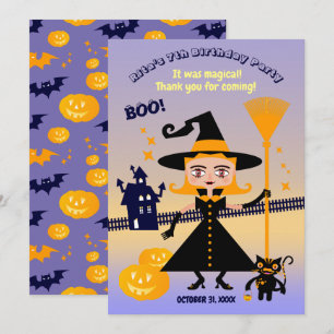 Halloween Costume Girl Witch Birthday Party Thank You Card