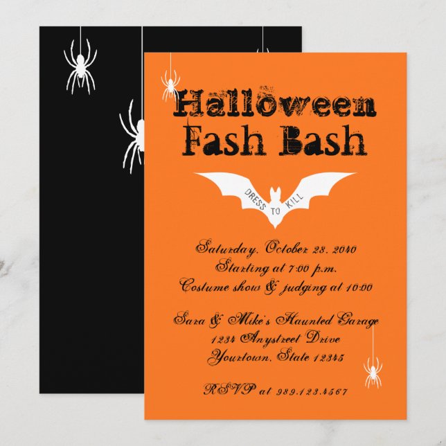 Halloween Costume Party Bats Spiders Orange Black  Invitation (Front/Back)