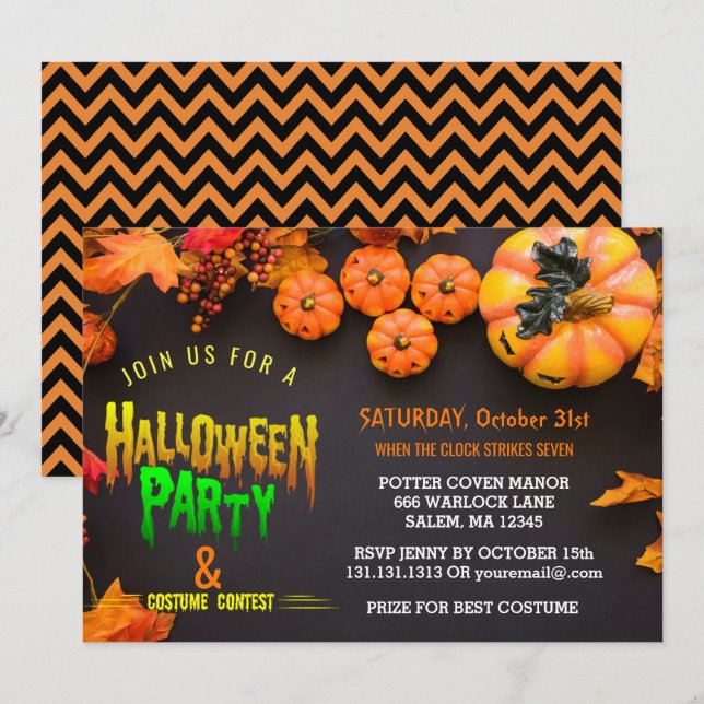 Halloween Costume Party Black Orange Invitation (Front/Back)