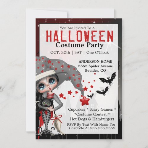 Halloween Costume Party _ Cute Gray Red Witch Invitation