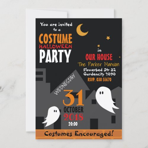 Halloween costume party ghost town cartoon spooky invitation