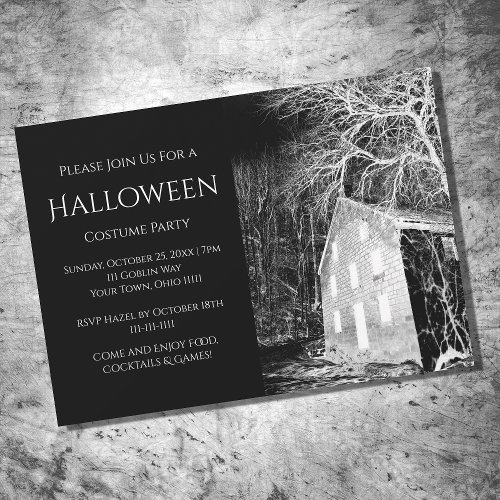 Halloween Costume Party Haunted House Black White Invitation