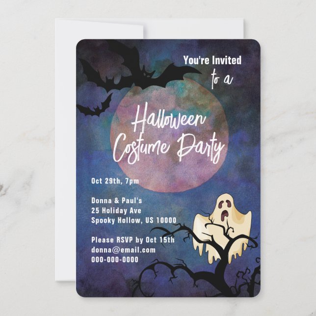 Halloween Costume Party, Moon & Ghost Invitation (Back)