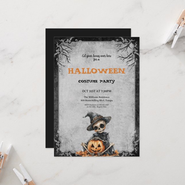 Halloween costume Party Scary skeleton and Pumpkin Invitation (Front/Back In Situ)