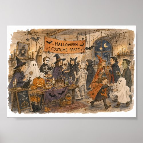 Halloween Costume Party Scene Illustration Poster