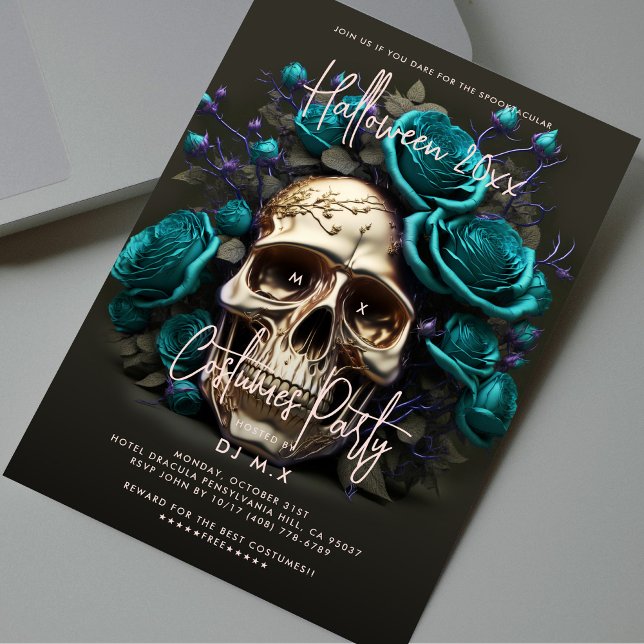 Halloween Costume Party Skull Teal Blue Modern Invitation (Halloween Costume Party Skull Teal Blue Modern Invitation
)