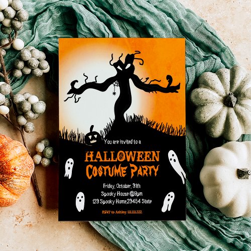 Halloween Costume Party spooky tree ghosts pumpkin Invitation