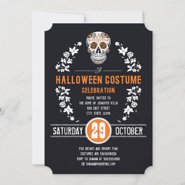 Halloween Costume Party Sugar Skull Invitations (Front)