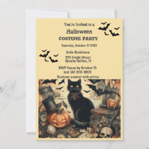Halloween Costume Party Vintage Black Cat Invitation