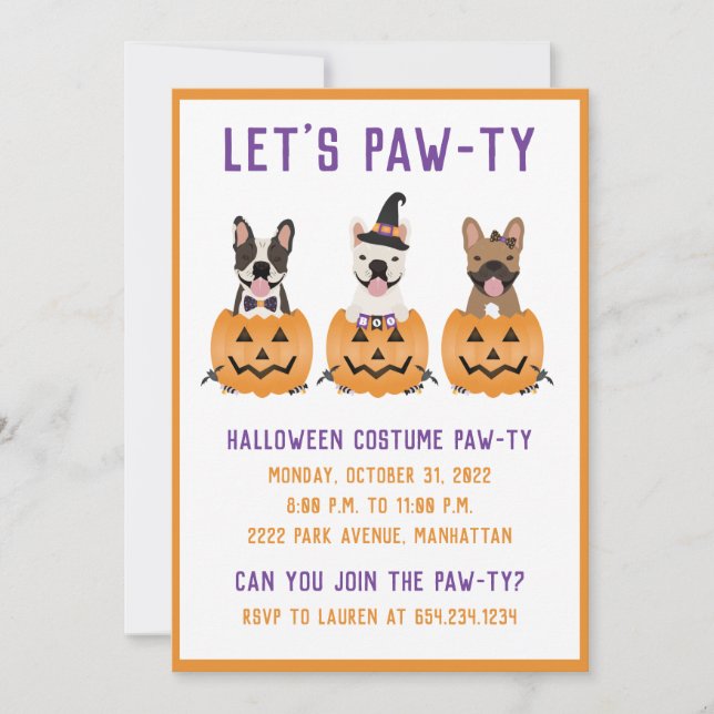 Halloween Costume Pawty French Bulldogs Pumpkin Invitation (Front)