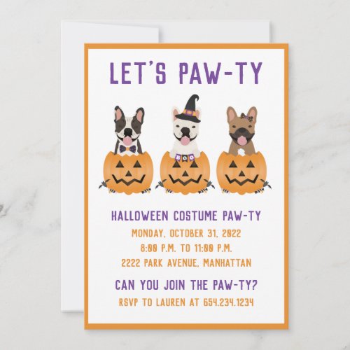 Halloween Costume Pawty French Bulldogs Pumpkin Invitation