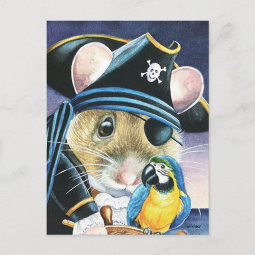 Halloween Costume Pirate Mouse Watercolor Art Postcard