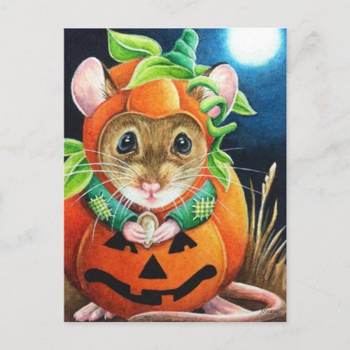 Halloween Costume Pumpkin Mouse Watercolor Art Postcard