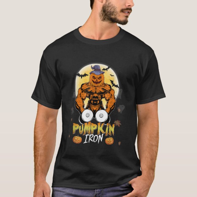 Halloween Costumes Workout Pumpkin Iron Funny Gym  T-Shirt (Front)