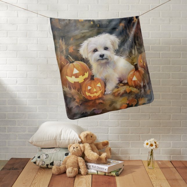 Halloween Coton De Tulear With Pumpkins Scary Baby Blanket (In Situ)