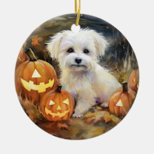 Halloween Coton De Tulear With Pumpkins Scary Ceramic Ornament