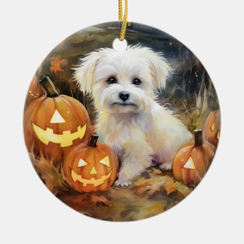 Halloween Coton De Tulear With Pumpkins Scary Ceramic Ornament