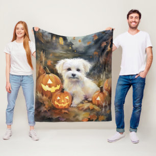 Halloween Coton De Tulear With Pumpkins Scary Fleece Blanket
