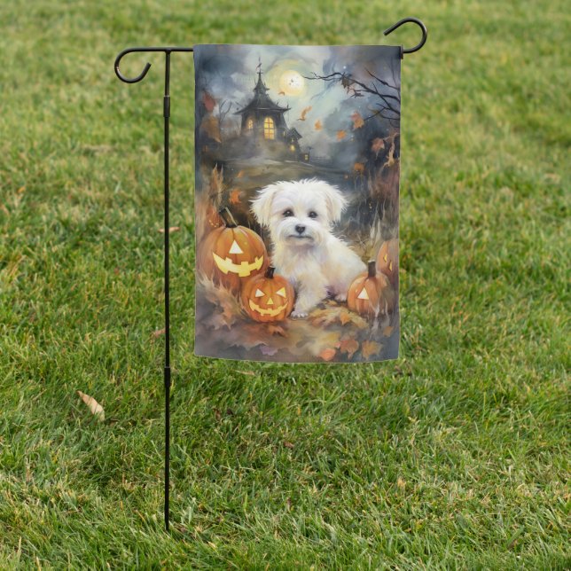 Halloween Coton De Tulear With Pumpkins Scary Garden Flag (In SItu)