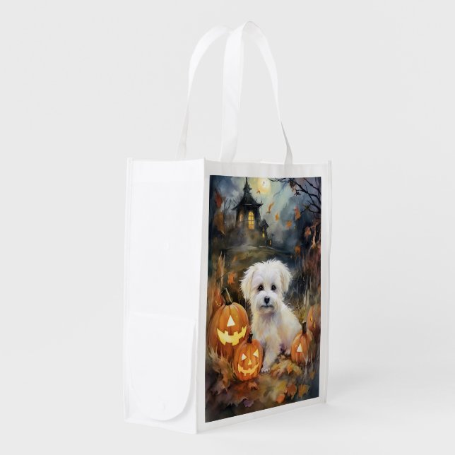 Halloween Coton De Tulear With Pumpkins Scary Grocery Bag (Front Side)