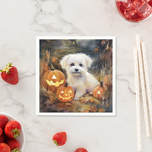 Halloween Coton De Tulear With Pumpkins Scary Napkins (Insitu)