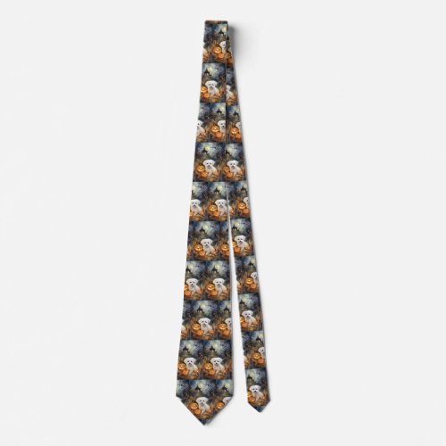 Halloween Coton De Tulear With Pumpkins Scary Neck Tie