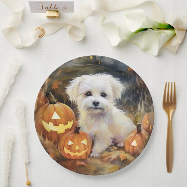 Halloween Coton De Tulear With Pumpkins Scary Paper Plates (Wedding)