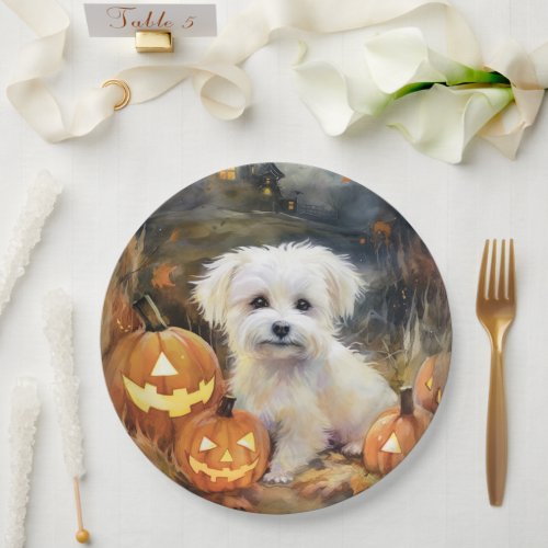 Halloween Coton De Tulear With Pumpkins Scary Paper Plates