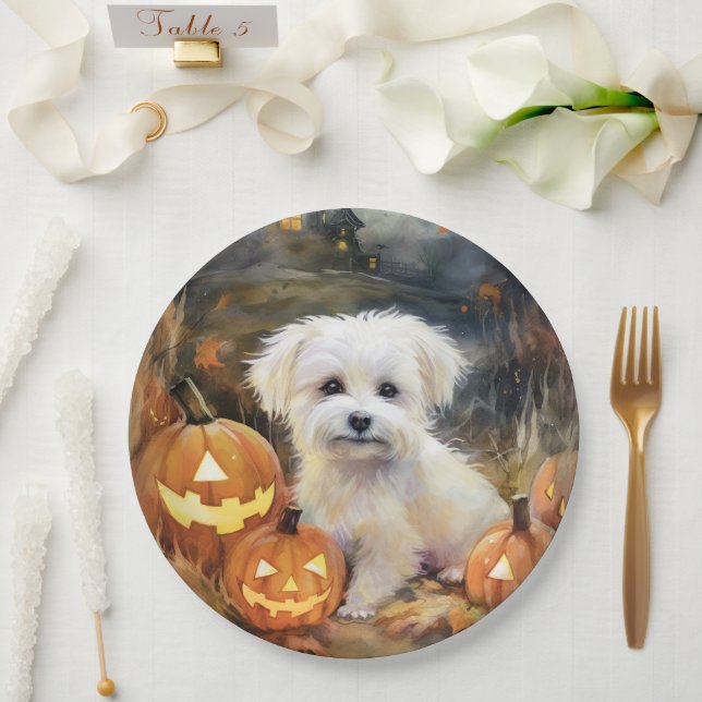 Halloween Coton De Tulear With Pumpkins Scary Paper Plates (Wedding)