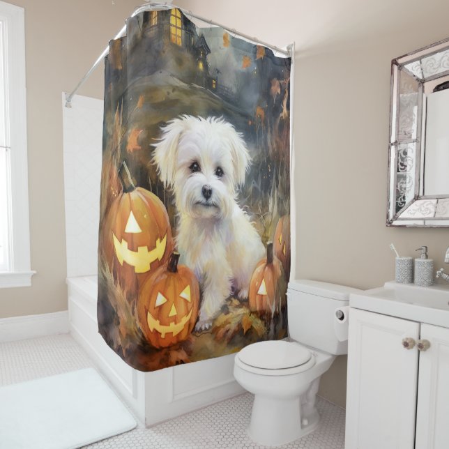 Halloween Coton De Tulear With Pumpkins Scary Shower Curtain (In Situ)