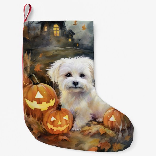 Halloween Coton De Tulear With Pumpkins Scary Small Christmas Stocking (Front)
