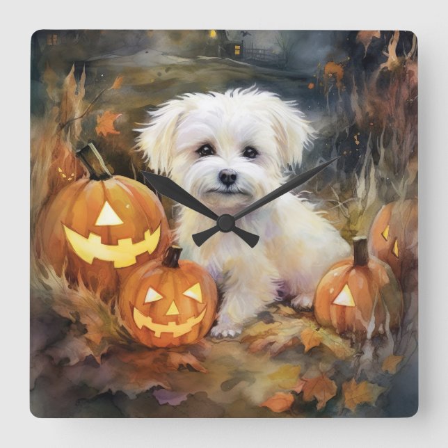 Halloween Coton De Tulear With Pumpkins Scary Square Wall Clock (Front)