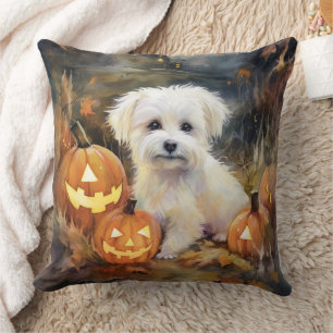 Halloween Coton De Tulear With Pumpkins Scary Throw Pillow