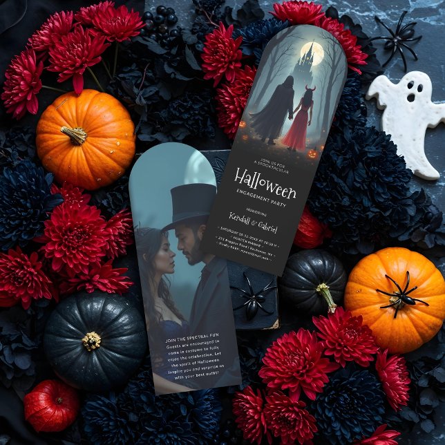 Halloween Couple Spooky Forest Toward Castle Bookmarks (Halloween Couple Spooky Forest Toward Castle Wedding Engagement Party Bookmarks with Black Photo.)