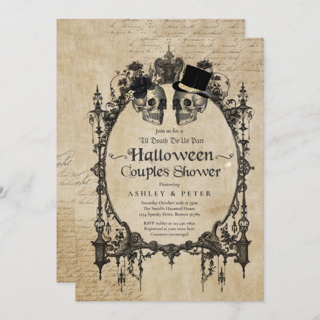  Halloween Couples Shower Engagement Gothic Skull Invitation (Front/Back)